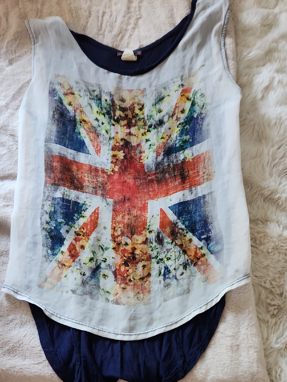 Joyce Leslie White Tank Top with Red, Blue and Yellow Union Jack Floral Print